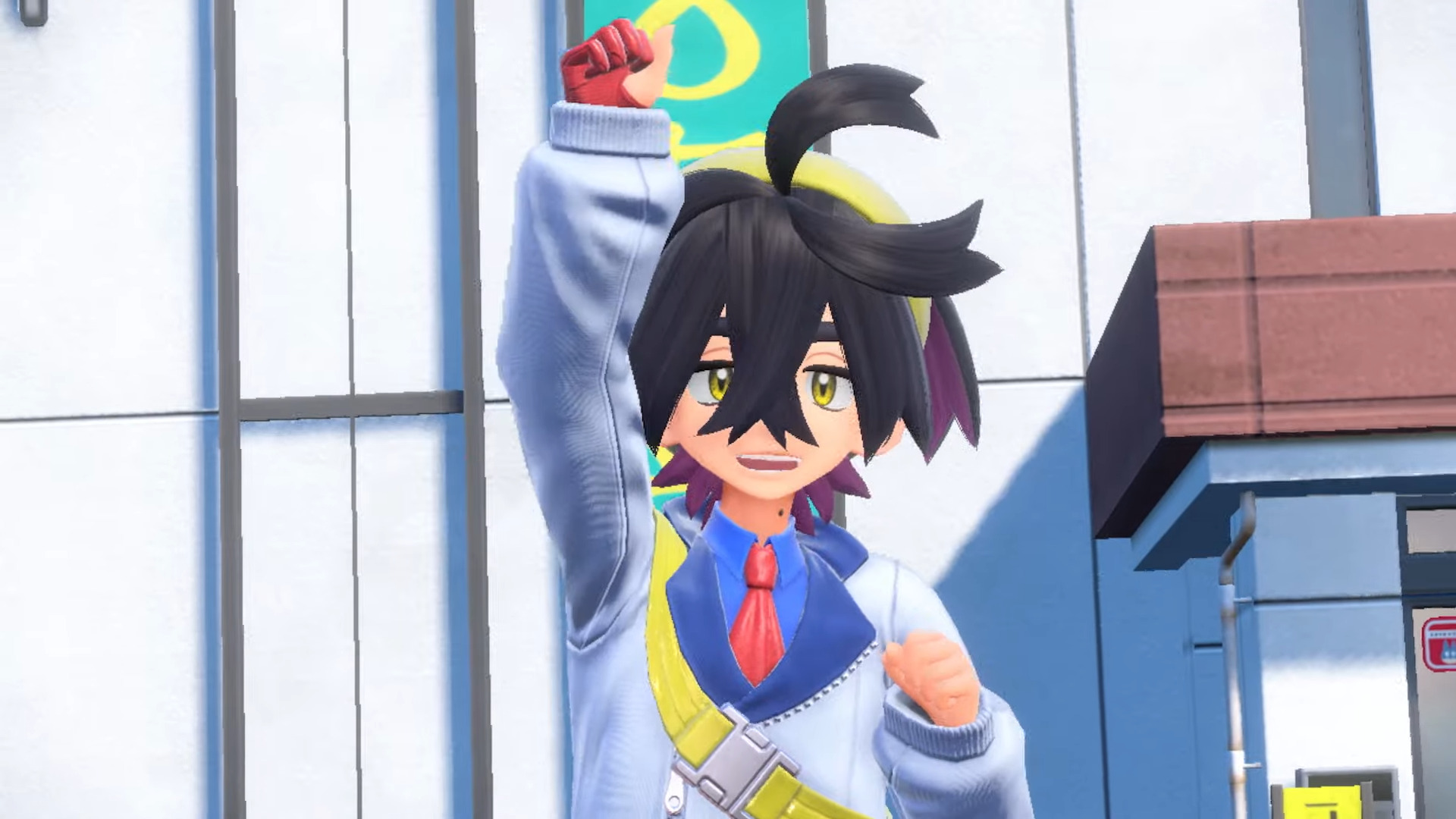 A screenshot from Pokemon Scarlet and Violet showing a boy character holding his fist in the air